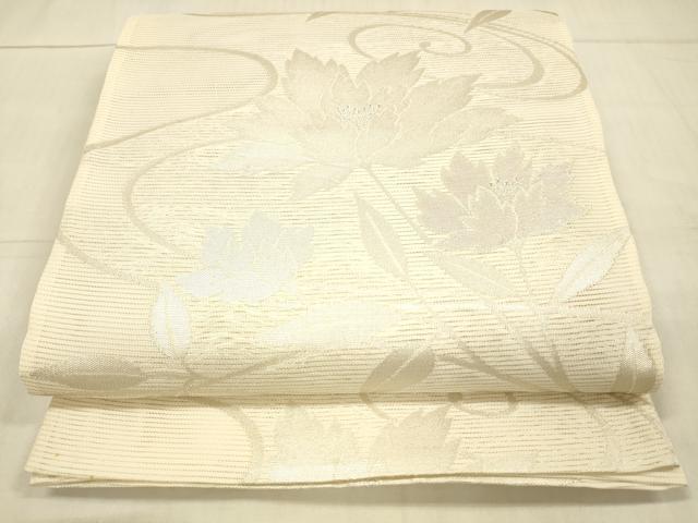 平和屋着物＊夏物　六通柄袋帯　流水草花文　銀糸　正絹　逸品　DAAV3936cm