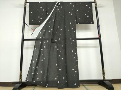 平和屋着物＊夏物 小紋 紗 枝葉丸文 黒地 洗える着物 DAAV4519ud