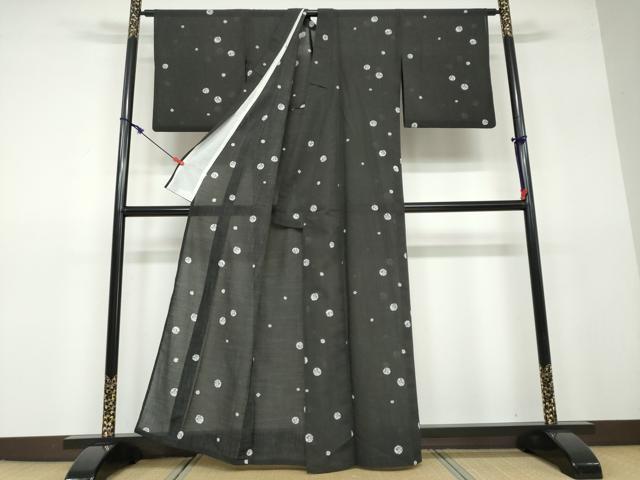 平和屋着物＊夏物 小紋 紗 枝葉丸文 黒地 洗える着物 DAAV4519ud