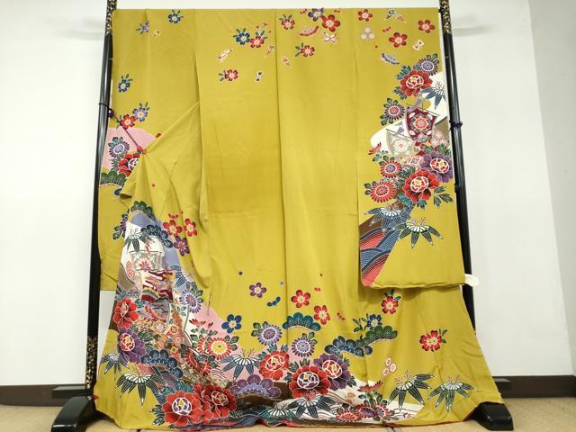 平和屋着物●豪華振袖　紅型　流水飛鶴草花文　仮絵羽　逸品　未使用　DAAV4922ud