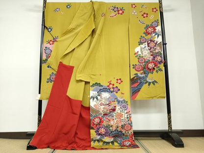 平和屋着物●豪華振袖　紅型　流水飛鶴草花文　仮絵羽　逸品　未使用　DAAV4922ud