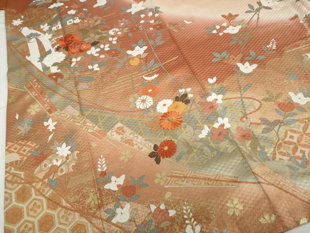 平和屋着物●訪問着 駒刺繍 風景草花文 暈し染め 金彩 正絹 逸品 DAAV4946ud