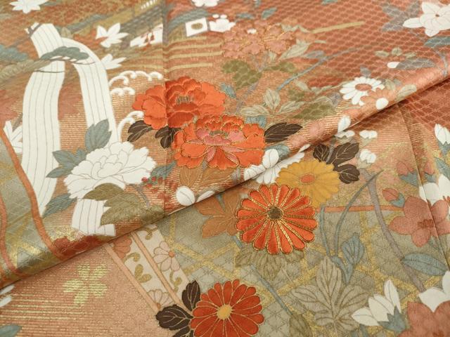 平和屋着物●訪問着 駒刺繍 風景草花文 暈し染め 金彩 正絹 逸品 DAAV4946ud