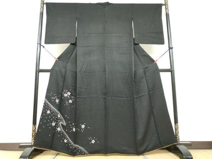 平和屋着物●訪問着　絞り　流水舞花文　黒地　金彩　正絹　逸品　DAAV4948ud
