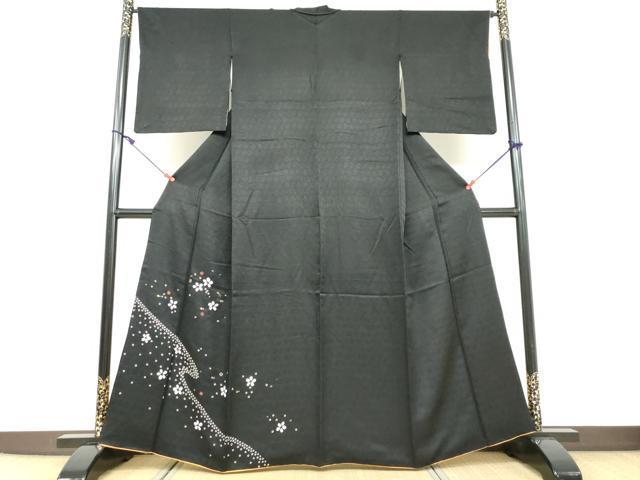 平和屋着物●訪問着　絞り　流水舞花文　黒地　金彩　正絹　逸品　DAAV4948ud
