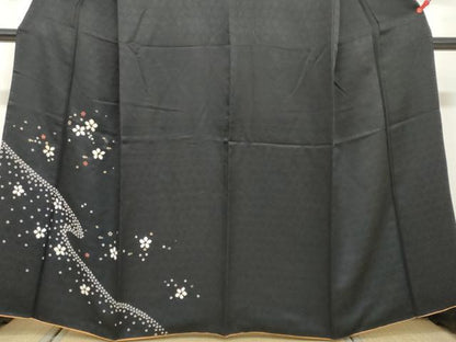 平和屋着物●訪問着　絞り　流水舞花文　黒地　金彩　正絹　逸品　DAAV4948ud