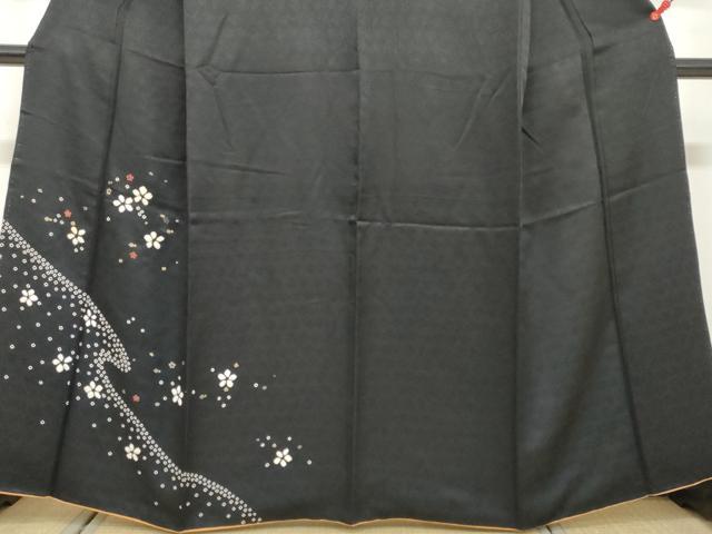 平和屋着物●訪問着　絞り　流水舞花文　黒地　金彩　正絹　逸品　DAAV4948ud