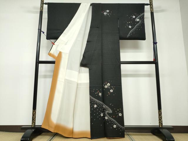 平和屋着物●訪問着　絞り　流水舞花文　黒地　金彩　正絹　逸品　DAAV4948ud