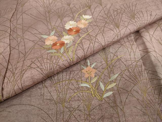 平和屋着物●訪問着 紬地 刺繍 草花文 金彩 正絹 逸品 DAAV4954ud