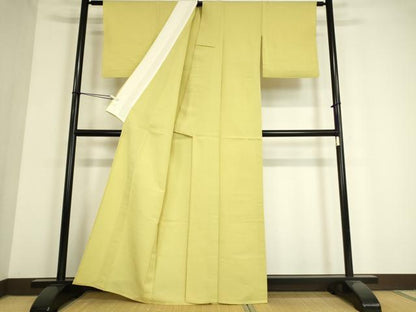 平和屋着物▽上質な色無地 単衣 お召縮緬 淡黄色 正絹 逸品 DAAV5017az