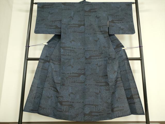 平和屋着物▽結城紬 単衣 風景牡丹文 正絹 逸品 DAAV5029az
