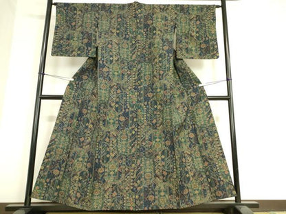 平和屋着物▽上質な紬 単衣 幾何学花文 正絹 逸品 DAAV5030az