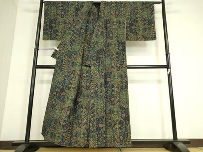 平和屋着物▽上質な紬 単衣 幾何学花文 正絹 逸品 DAAV5030az