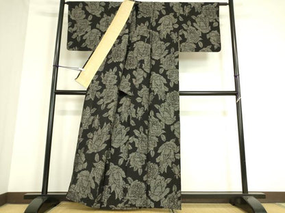 平和屋着物▽上質な紬 単衣 薔薇 黒地 正絹 逸品 DAAV5032az