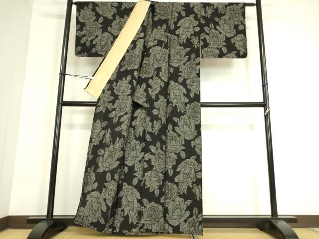 平和屋着物▽上質な紬 単衣 薔薇 黒地 正絹 逸品 DAAV5032az