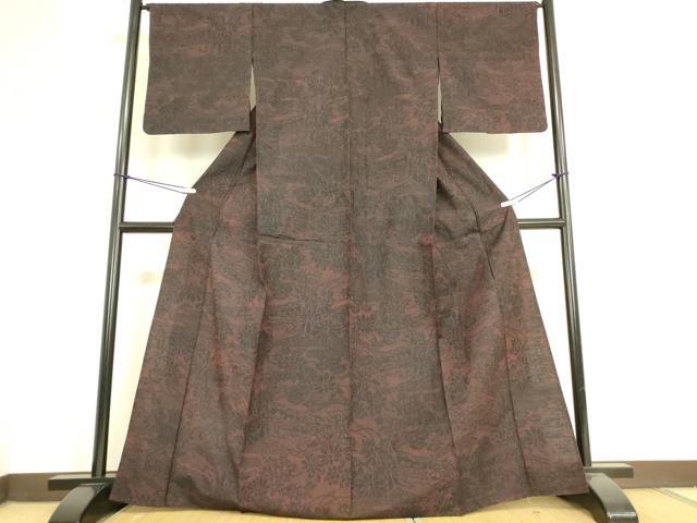 平和屋着物▽結城紬　単衣　屏風花文　黒地　正絹　逸品　DAAV5044az