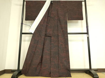 平和屋着物▽結城紬　単衣　屏風花文　黒地　正絹　逸品　DAAV5044az