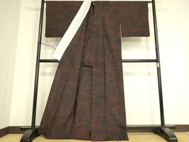 平和屋着物▽結城紬　単衣　屏風花文　黒地　正絹　逸品　DAAV5044az