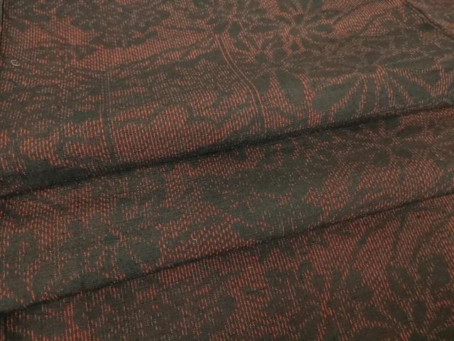 平和屋着物▽結城紬　単衣　屏風花文　黒地　正絹　逸品　DAAV5044az