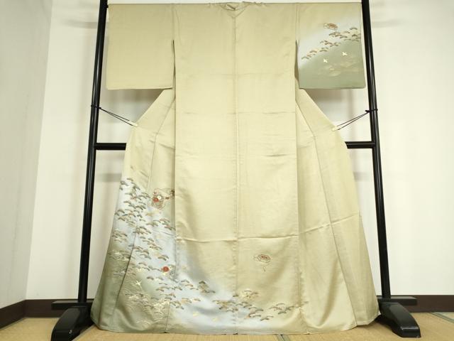 平和屋着物▽訪問着　単衣　刺繍　飛鶴貝桶花松文　暈し染め　金彩　正絹　逸品　DAAV5050az