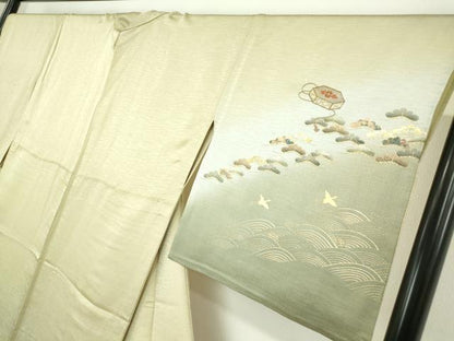 平和屋着物▽訪問着　単衣　刺繍　飛鶴貝桶花松文　暈し染め　金彩　正絹　逸品　DAAV5050az