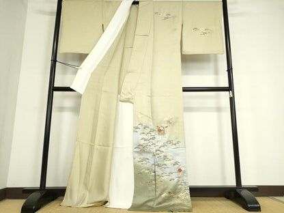 平和屋着物▽訪問着　単衣　刺繍　飛鶴貝桶花松文　暈し染め　金彩　正絹　逸品　DAAV5050az