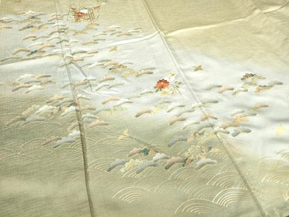 平和屋着物▽訪問着　単衣　刺繍　飛鶴貝桶花松文　暈し染め　金彩　正絹　逸品　DAAV5050az