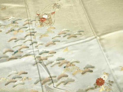平和屋着物▽訪問着　単衣　刺繍　飛鶴貝桶花松文　暈し染め　金彩　正絹　逸品　DAAV5050az
