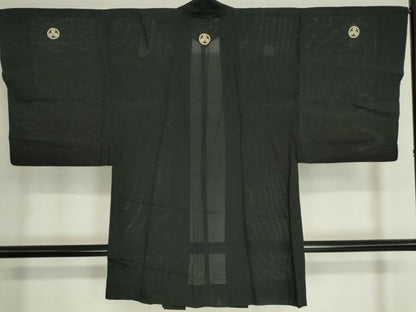 平和屋着物▽男性　黒紋付　長羽織　絽　正絹　逸品　DAAV5069az