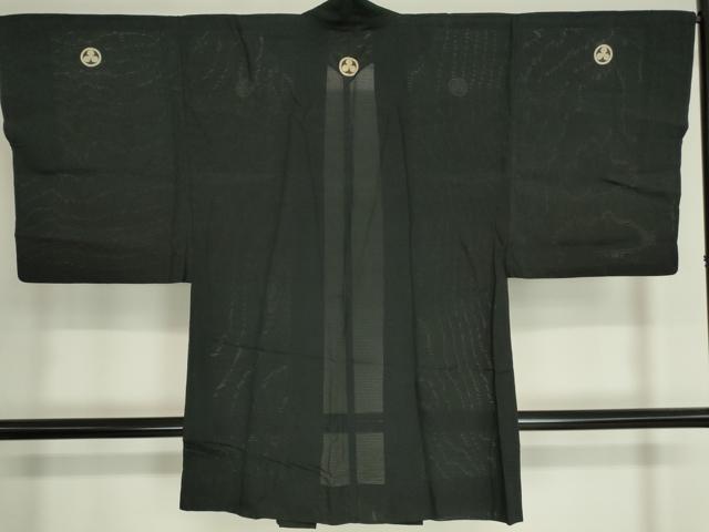 平和屋着物▽男性　黒紋付　長羽織　絽　正絹　逸品　DAAV5069az