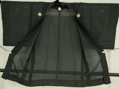 平和屋着物▽男性　黒紋付　長羽織　絽　正絹　逸品　DAAV5069az