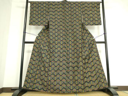 平和屋着物▽上質な紬 単衣 幾何学文 黒地 正絹 逸品 DAAV5078az