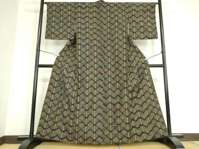 平和屋着物▽上質な紬 単衣 幾何学文 黒地 正絹 逸品 DAAV5078az