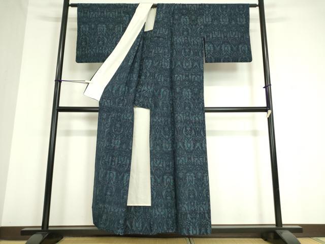 平和屋着物▽結城紬 単衣 幾何学花文 正絹 逸品 DAAV5085az