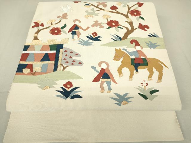 平和屋着物●爪掻き本綴れ　八寸名古屋帯　人物動物花文　金糸　正絹　逸品　DAAV5138az