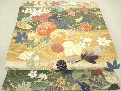 平和屋着物●六通柄袋帯 唐織 菊楓文 金糸 正絹 逸品 DAAV5149az