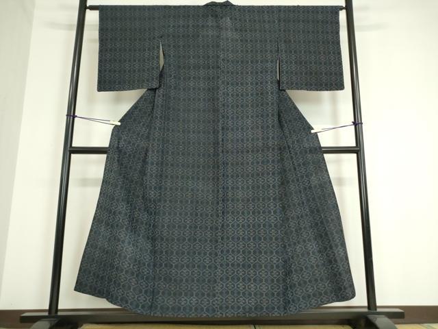 平和屋着物▽結城紬　単衣　亀甲花文　正絹　逸品　DAAV5181az