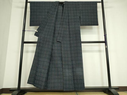 平和屋着物▽結城紬　単衣　亀甲花文　正絹　逸品　DAAV5181az
