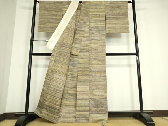 平和屋着物▽上質な紬　単衣　横段霞文　正絹　逸品　DAAV5210az