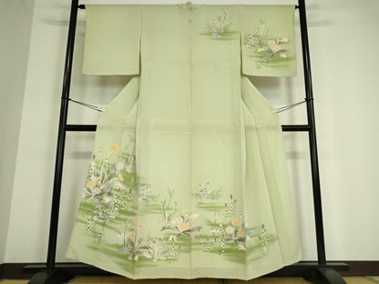 平和屋着物▽訪問着 単衣 草花文 金彩 鬼しぼ縮緬 正絹 逸品 DAAV5215az