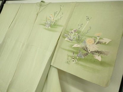 平和屋着物▽訪問着 単衣 草花文 金彩 鬼しぼ縮緬 正絹 逸品 DAAV5215az