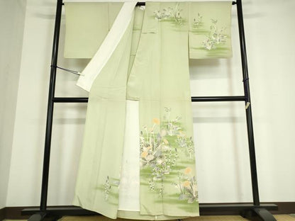 平和屋着物▽訪問着 単衣 草花文 金彩 鬼しぼ縮緬 正絹 逸品 DAAV5215az