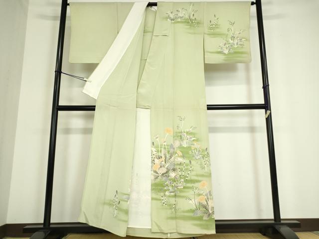 平和屋着物▽訪問着 単衣 草花文 金彩 鬼しぼ縮緬 正絹 逸品 DAAV5215az