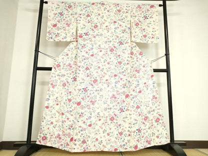 平和屋着物▽上質な小紋 単衣 花鳥文 型染 鬼しぼ縮緬 正絹 逸品 DAAV5221az