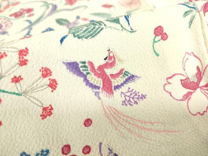 平和屋着物▽上質な小紋 単衣 花鳥文 型染 鬼しぼ縮緬 正絹 逸品 DAAV5221az