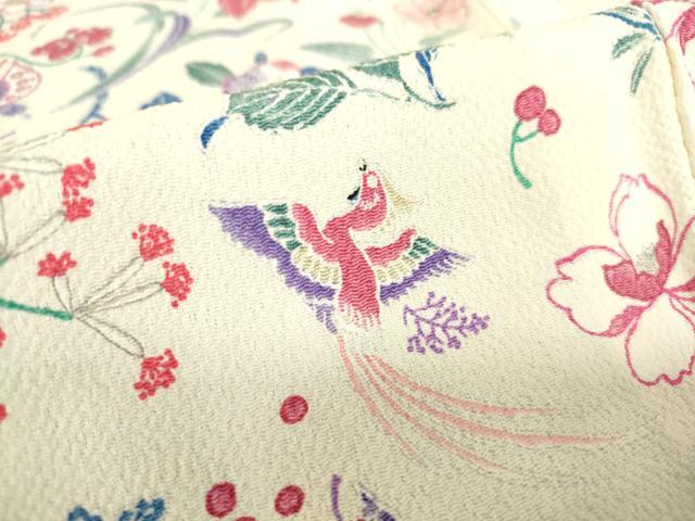 平和屋着物▽上質な小紋 単衣 花鳥文 型染 鬼しぼ縮緬 正絹 逸品 DAAV5221az