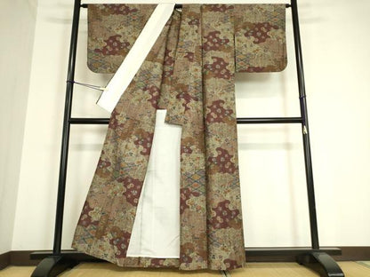 平和屋着物▽上質な紬 単衣 あまちゃづる 薬草染 霞取り吉祥花文 反端付き 正絹 逸品 DAAV5227az