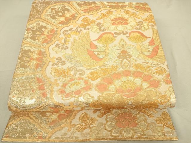 平和屋着物▼佐賀錦　六通柄袋帯　向い鳥花文　金糸　正絹　逸品　DAAV5252az