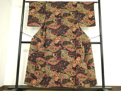平和屋着物▽上質な小紋 単衣 型染 風景花鳥文 鬼しぼ縮緬 正絹 逸品 DAAV5317az