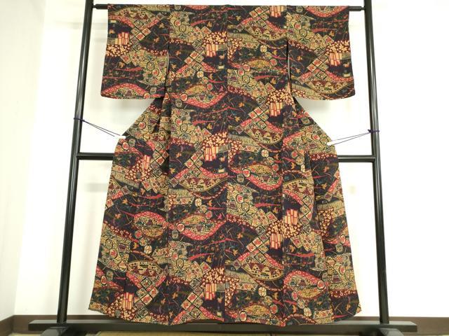 平和屋着物▽上質な小紋 単衣 型染 風景花鳥文 鬼しぼ縮緬 正絹 逸品 DAAV5317az
